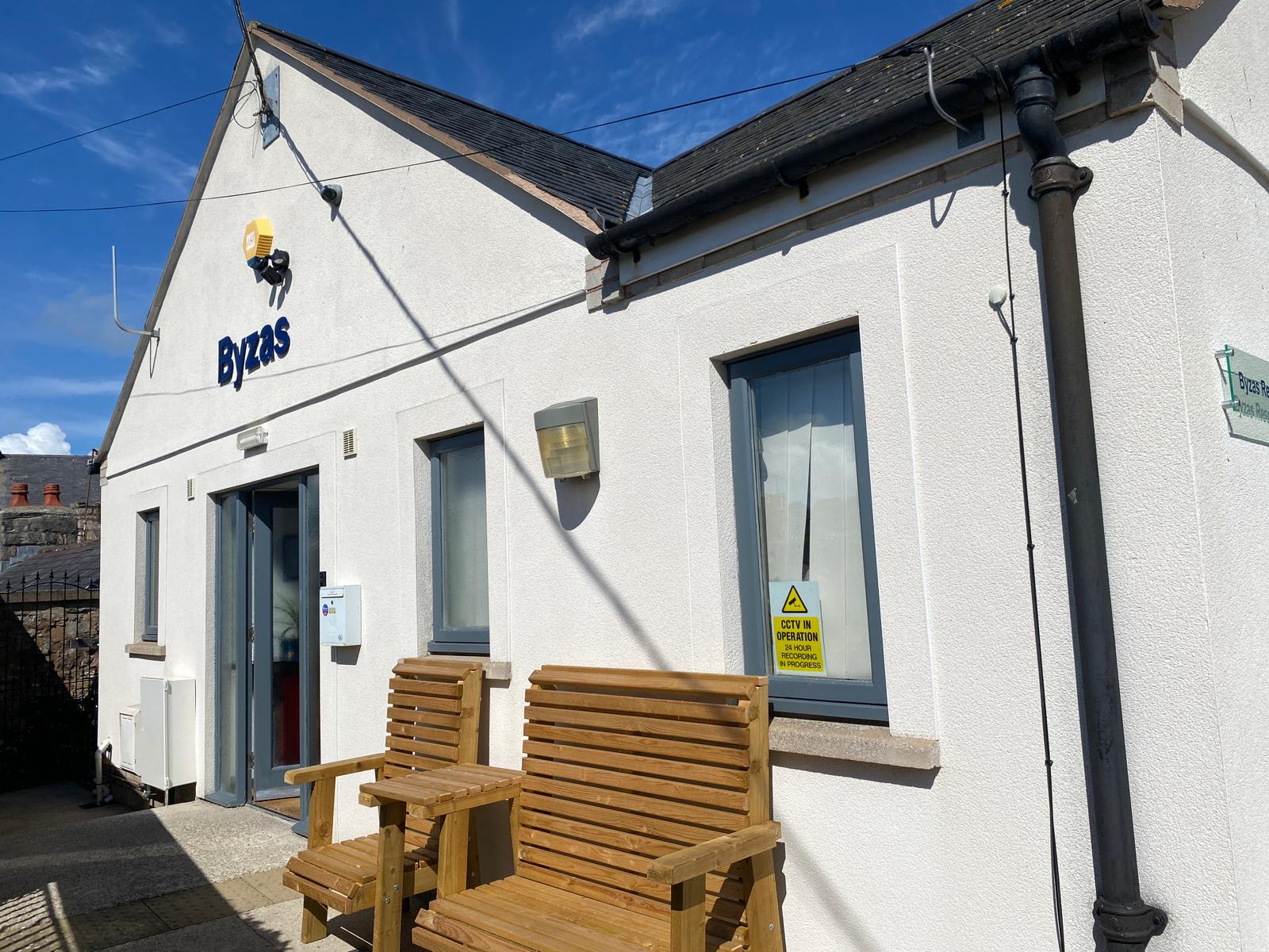 Exterior of Byzas Research building on a clear day